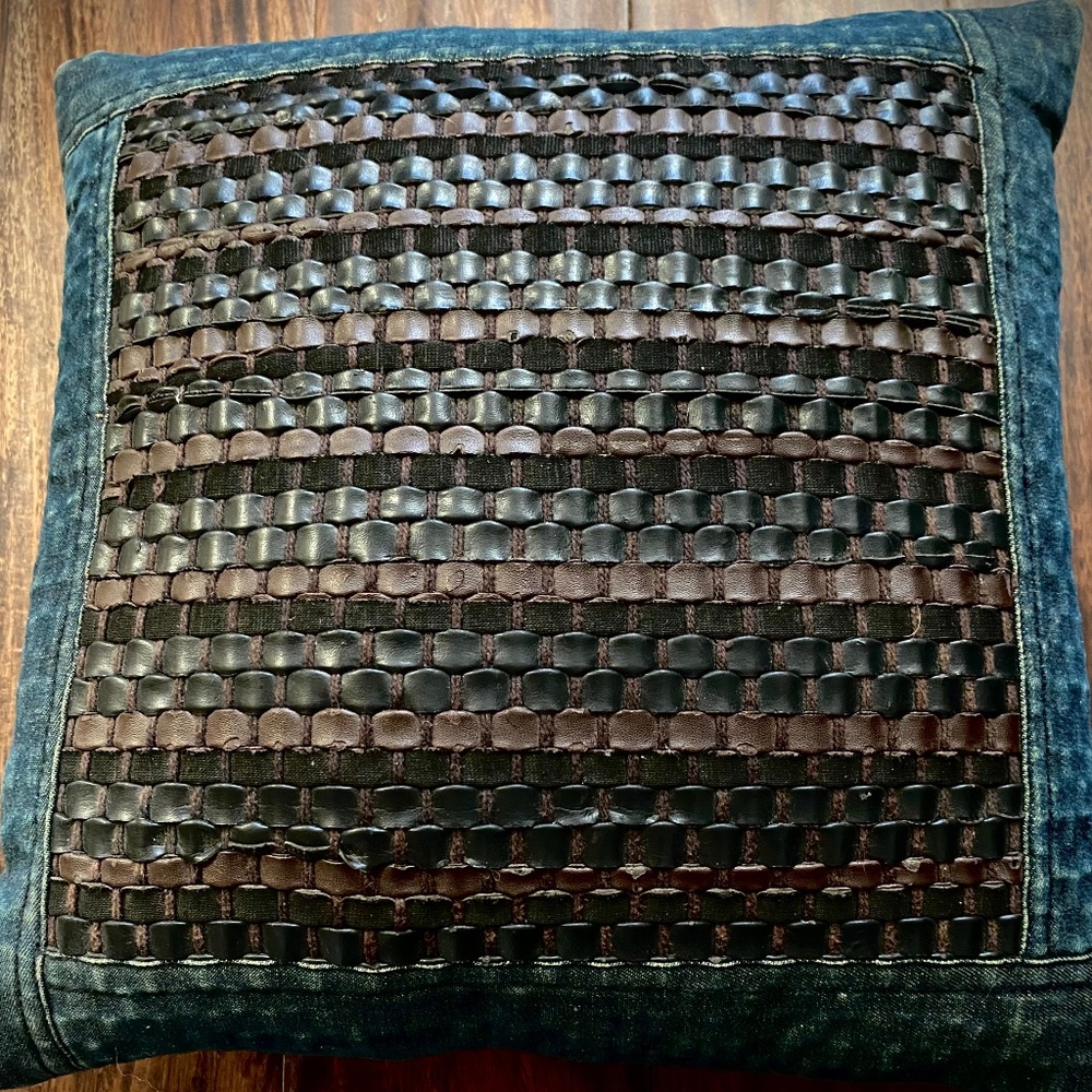 Two Brown/Black Leather and Jean Accent Pillows
